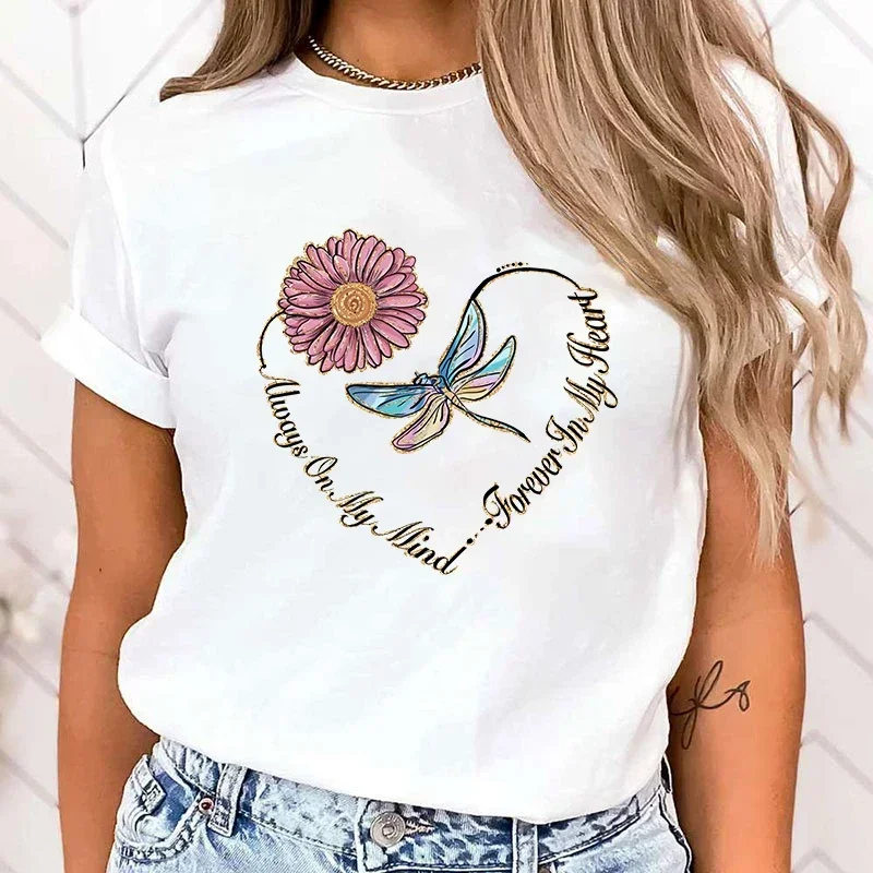 

2024 Premium T-shirt Dragonfly Always On My Mind Forever In My Heart Print T-Shrits For Women Summer Short Sleeve Round Neck to