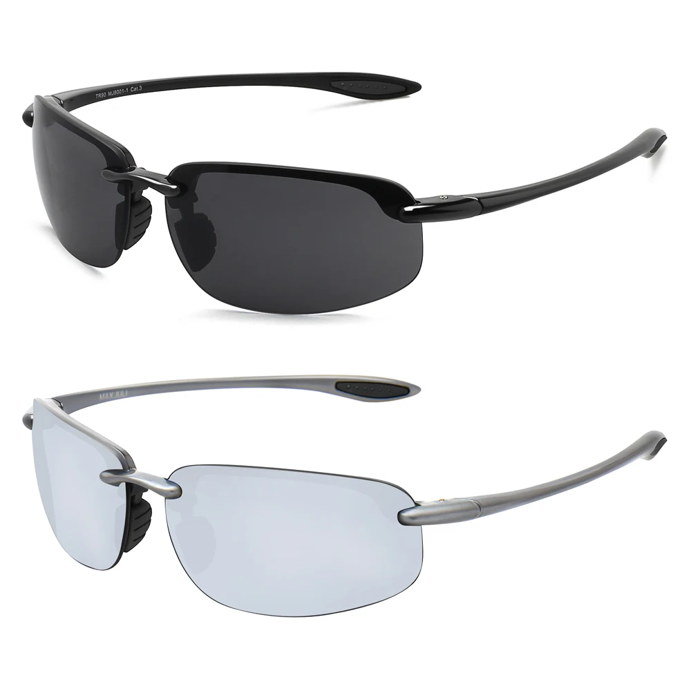 2 Pack Gepolariseerde Sportzonnebril voor Mannen Vrouwen TR90 Lichtgewicht Randloos Frame UV400 Hardlopen Vissen Rijden 801