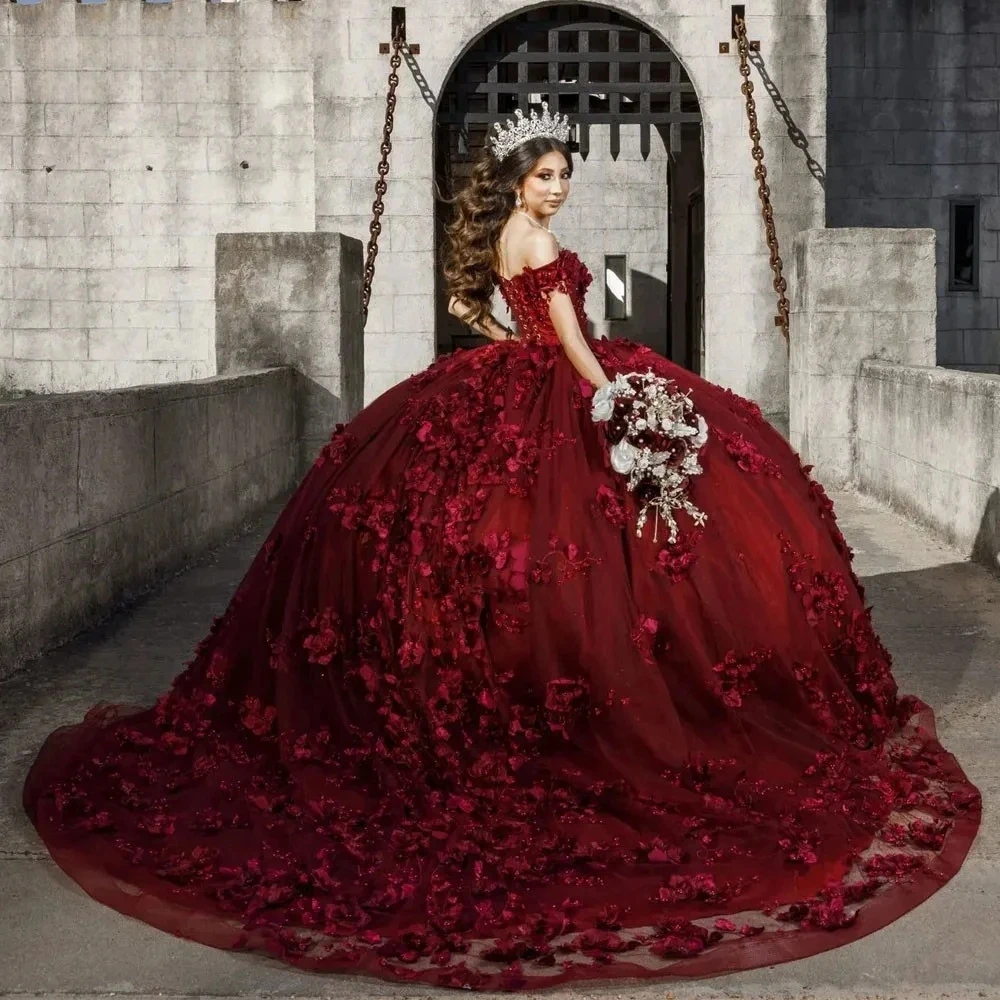 Lorencia Burgund Quince anera Kleid Ballkleid von der Schulter 3d Blumen applikationen Perlen süß 16 Kleid Vestidos XV Años YQD452