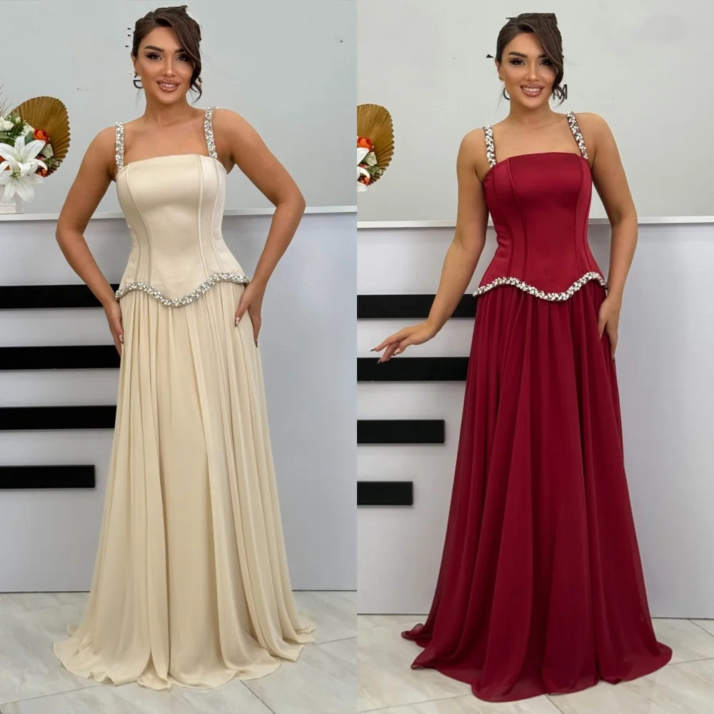 

Customized Sparkle Chinese Style Chiffon Rhinestone Pleat A-line Square Neck Long Dresses Bespoke Occasion Dresses High Quality