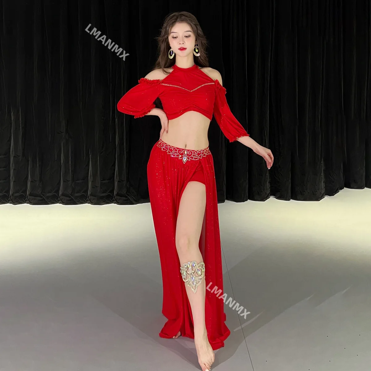 Conjunto de traje de dança do ventre para mulheres gaze meia manga top + saia dividida com pedras ab sênior 2 peças roupa de dança do ventre oriental adulto