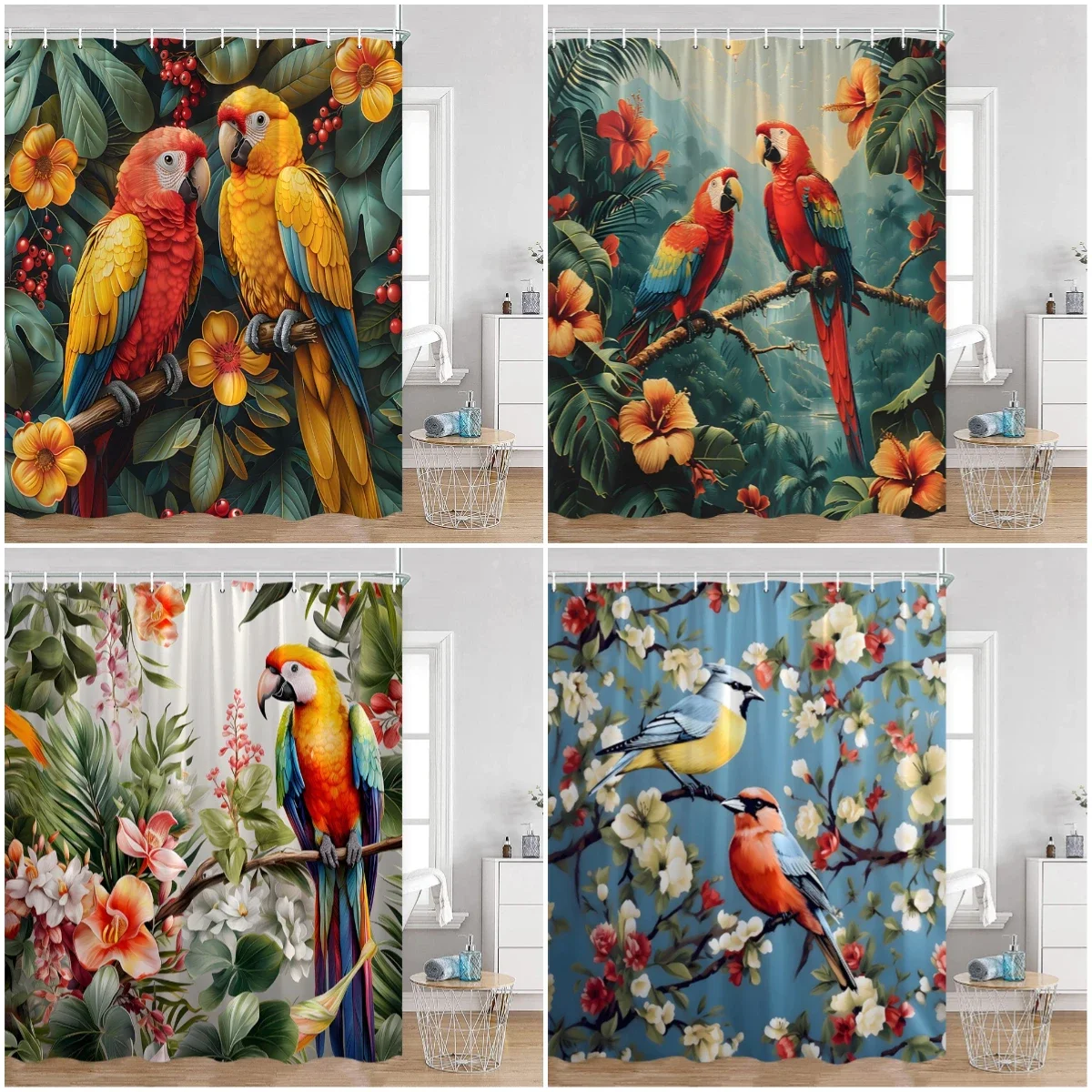 Birds Shower Curtains Parrot Hummingbird Cute Animals Tropical Leaves Spring Bathroom Curtain Polyetser Home Decoration for Bath