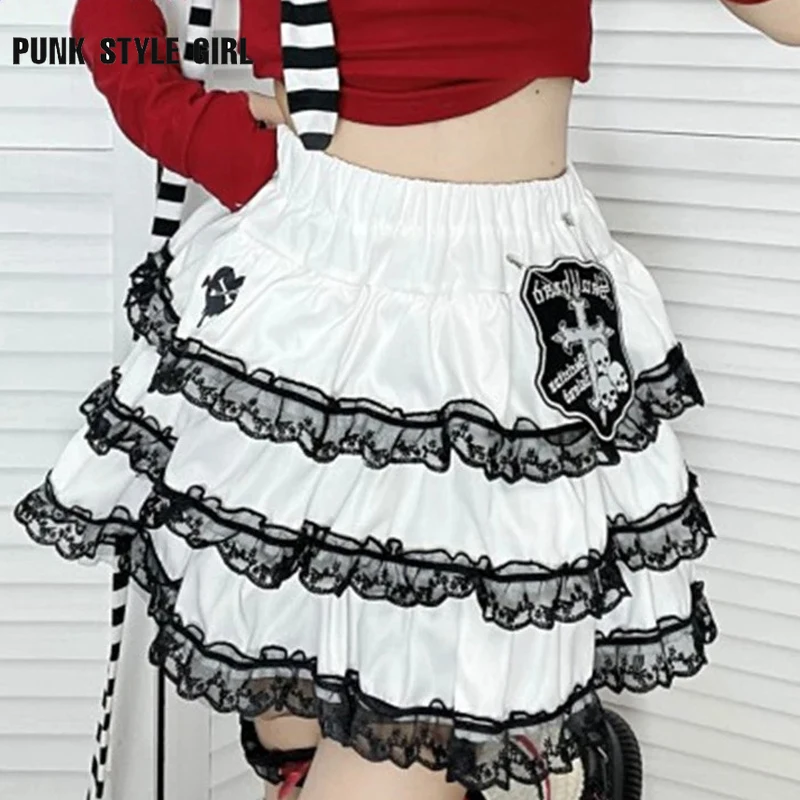 White Y2k Punk Japanese Skull Embroidered Kawaii Lace Cake Mini Skirt Harajuku Style Women High Waist Gothic Skirts Streetwear