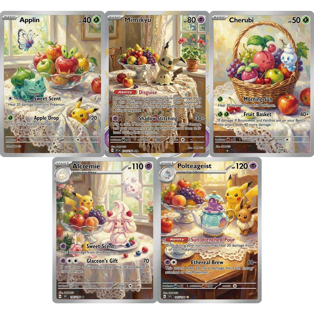 5Pcs PKM Cards PTCG Oil Painting Style Applin Mimikyu Cherubi Alcremie Polteageist Full Art Display Collectible Cards PTCG Gift