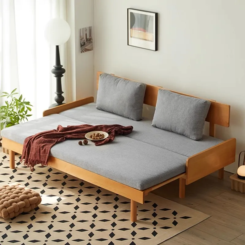 Solid wood sofa bed Living room multi-functional dual-purpose folding pull-out telescopic push-pull bed Small apartment single