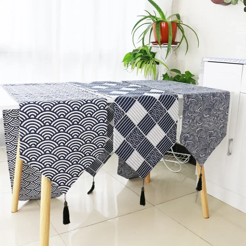 

Japanese Cotton Hemp Plaid Modern Home Decoration Supplies Flag Dining Table Tea Art Cafe Table Runner