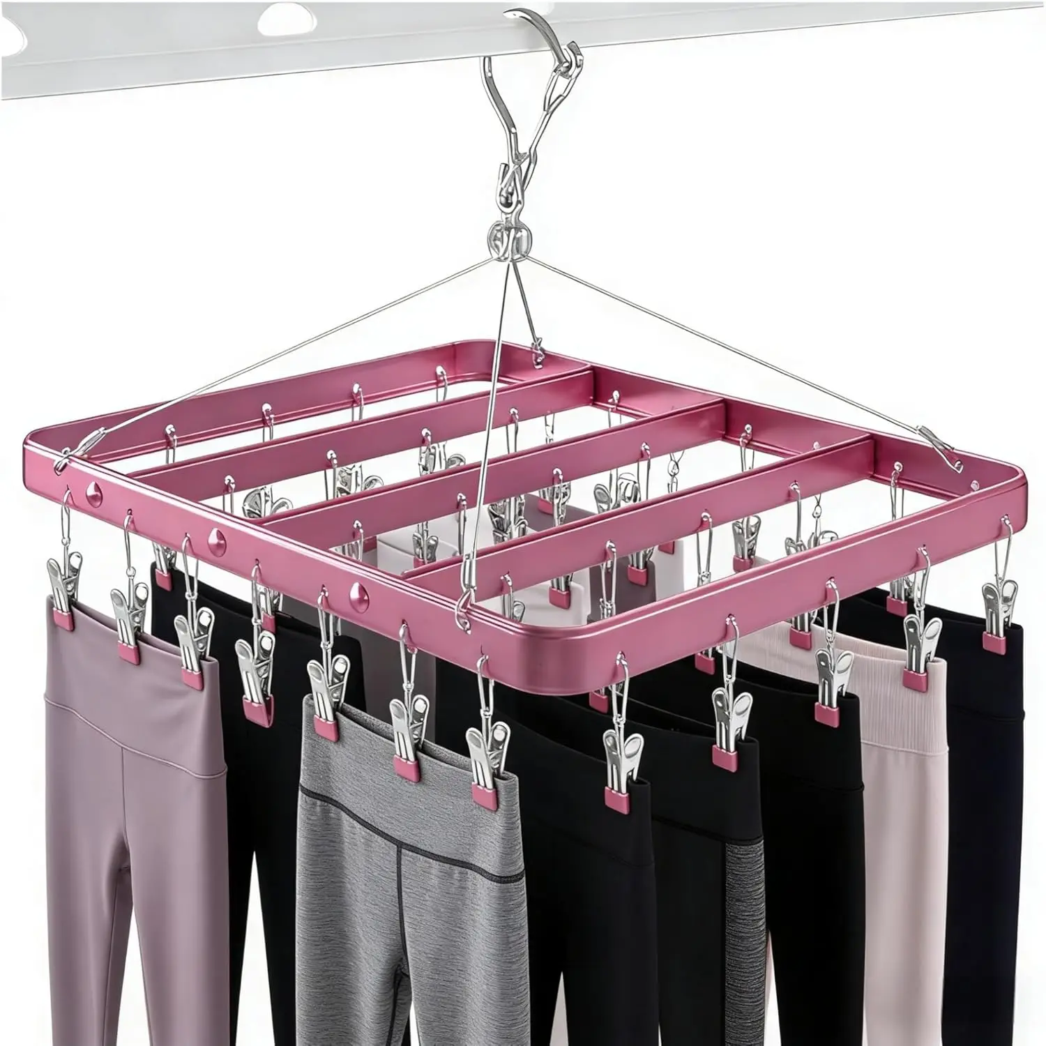 

Складная металлическая сушилка для одежды с 36 ветрозащитными зажимами для носков и бюстгальтеров, розовая