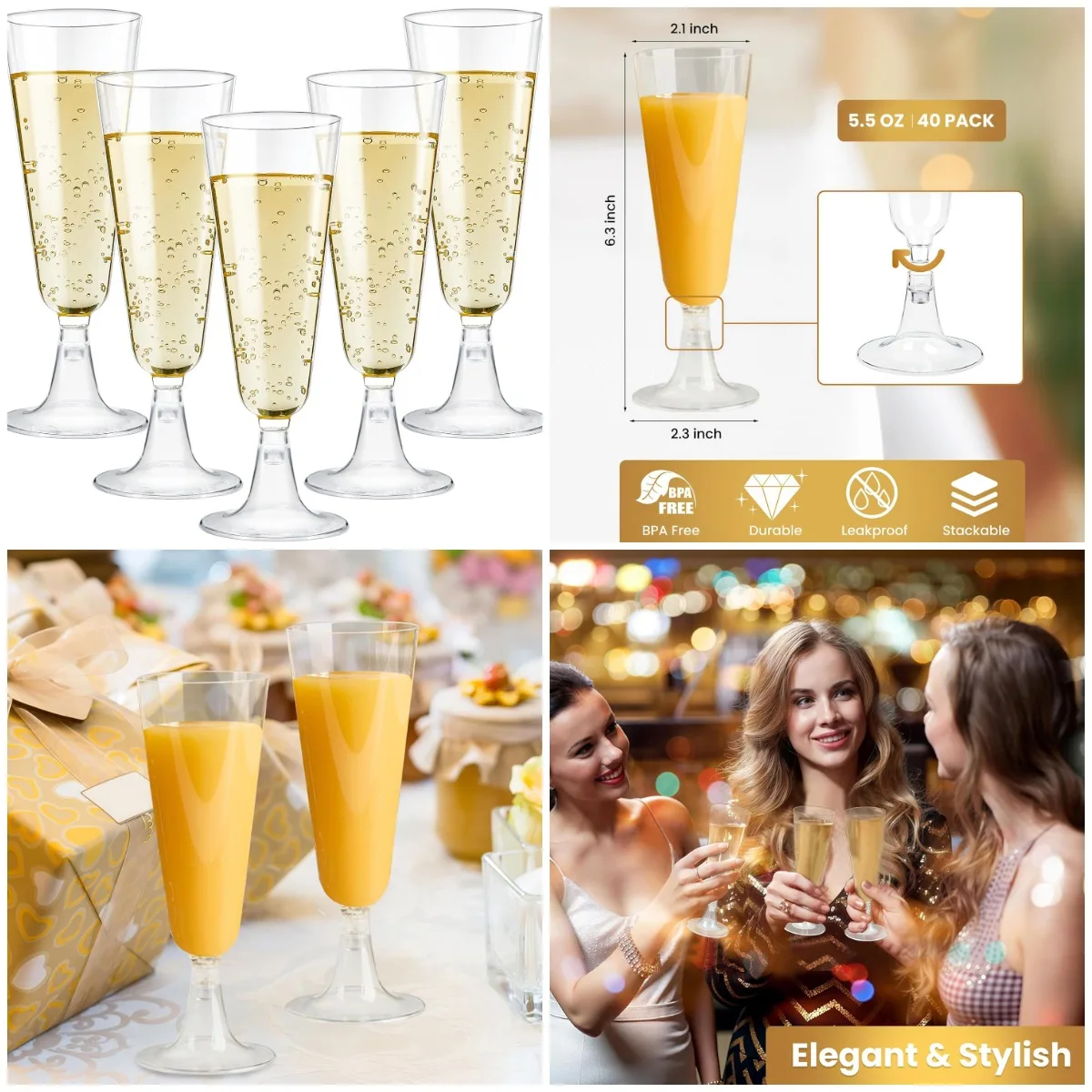 

40 упаковок одноразовых бокалов для шампанского, прозрачные пластиковые бокалы для вина на 5,5 унций для свадьбы, вечеринки, дня рождения