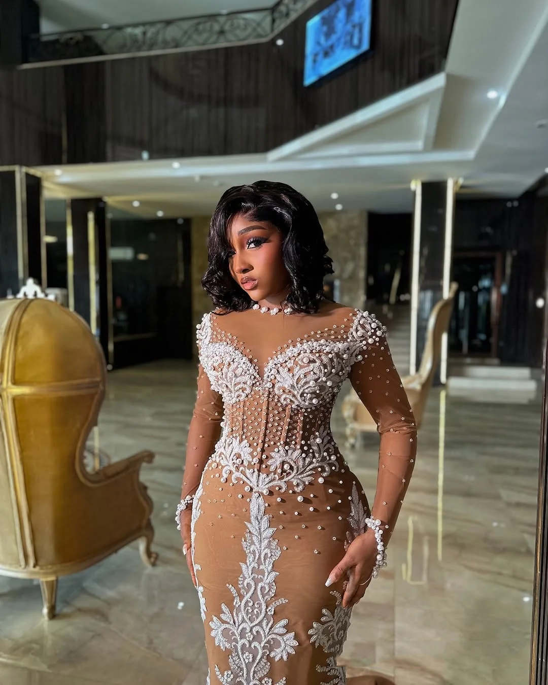 Luxury Mermaid Party Dress Aso Ebi Long Prom Dresses Applique Illusions Sheer Full Sleeves Evening Gowns with Beaded  Pearls