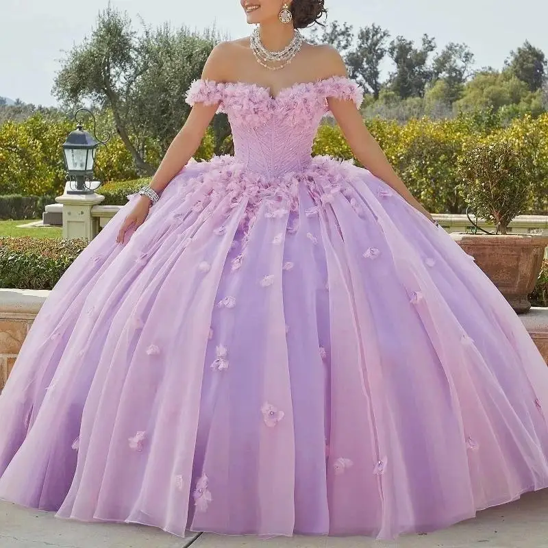 

Pink Lilac Sweetheart Quinceanera Dresses Flower Lace Beads Tull Vestidos De 15 Anos Party Prom Vestidos De 15 Quinceañera