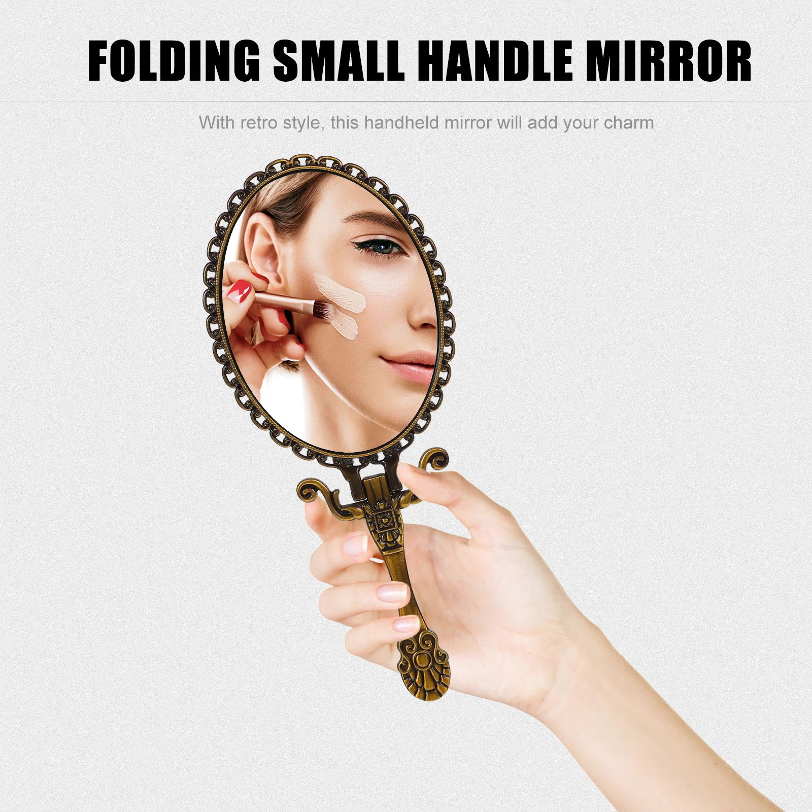 

Makeup Mirror Foldable Retro Style Handheld Portable Pocket Mirror Clear High Definition Surface Travel Embossed Flower