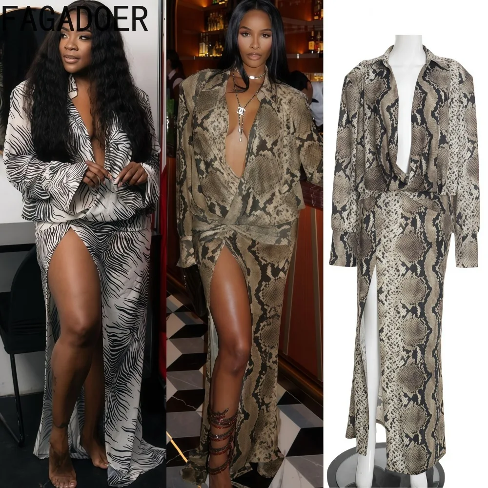 

FAGADOER Fashion Letter Print Patchwork Dresses for Woman Deep V-neck Long Sleeve High Slit Dress Female Streetwear Vestidos New