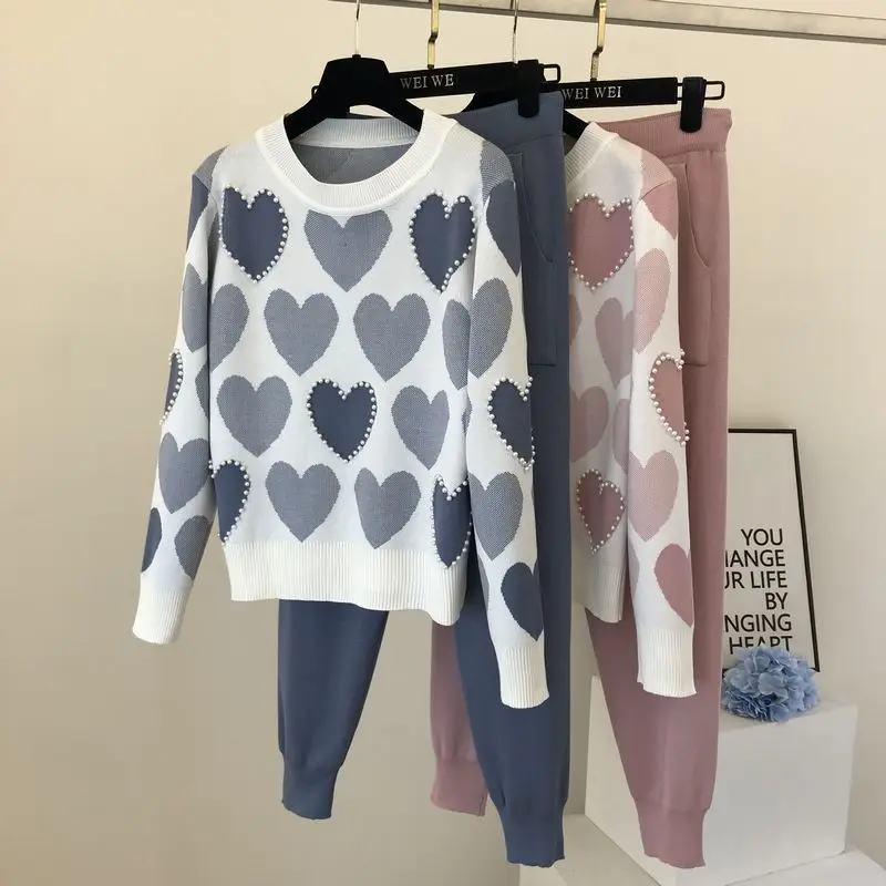 

Fashion Women Pajama 2 Piece Sets Chic Knit Sweater Embroidery Bead Heartshape Pullovers Top + Harem Pants Sport Tracksuits Suit