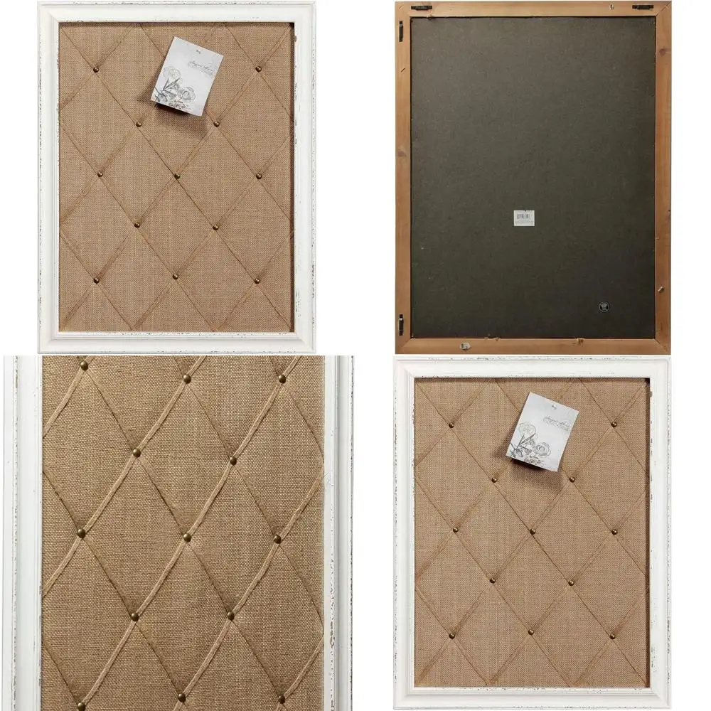 

Vintage White Linen Cork Pinboard, 21x27 Message Wall Art, Burlap Memo Framed Board, Large Decorative Boards for Home and Office