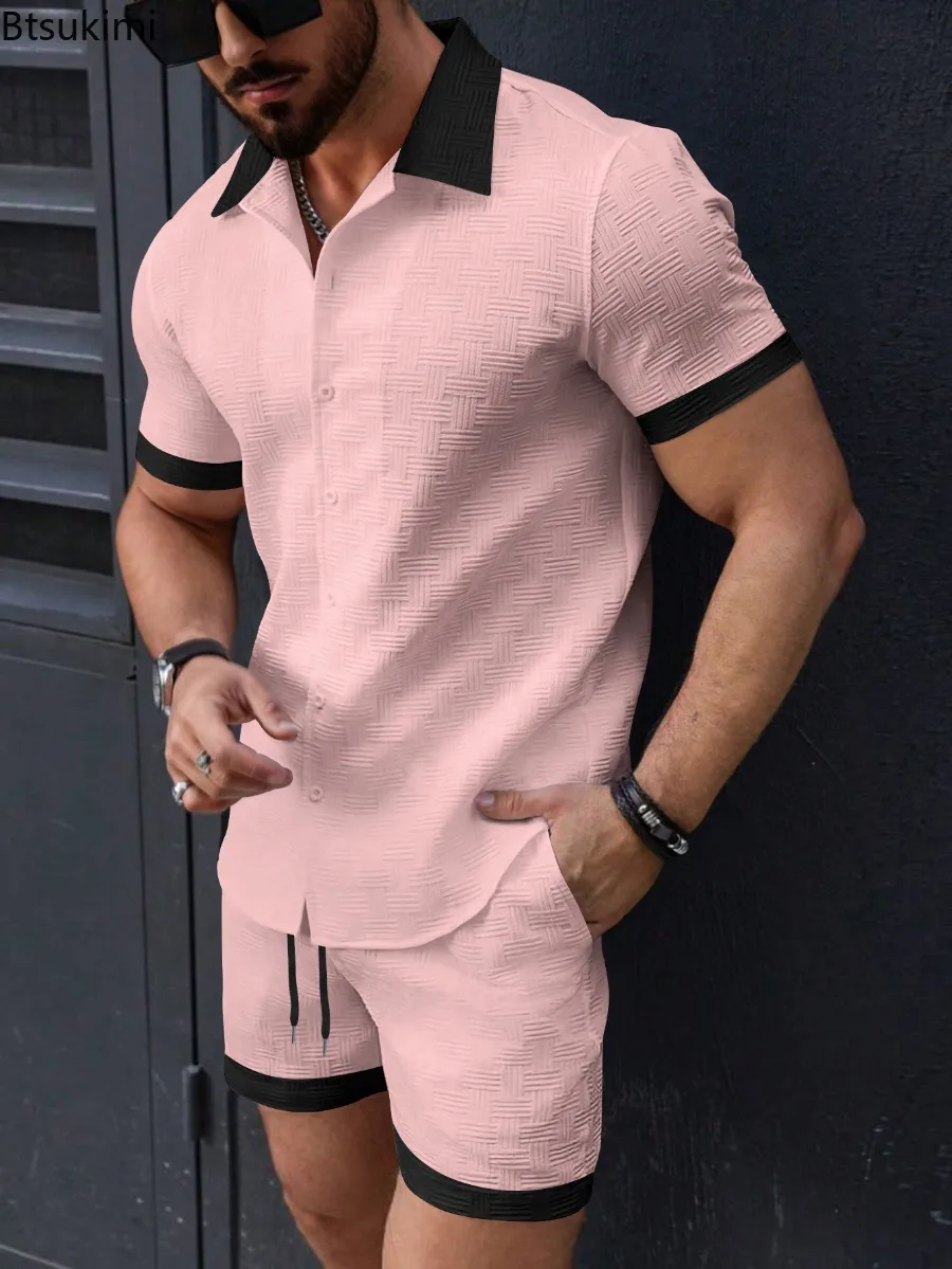 

Summer New Men's Casual Two-piece Sets Fashion Classic Lapel Color Matching Short Sleeve Shirt Shorts Loose Sports Beach Outfits