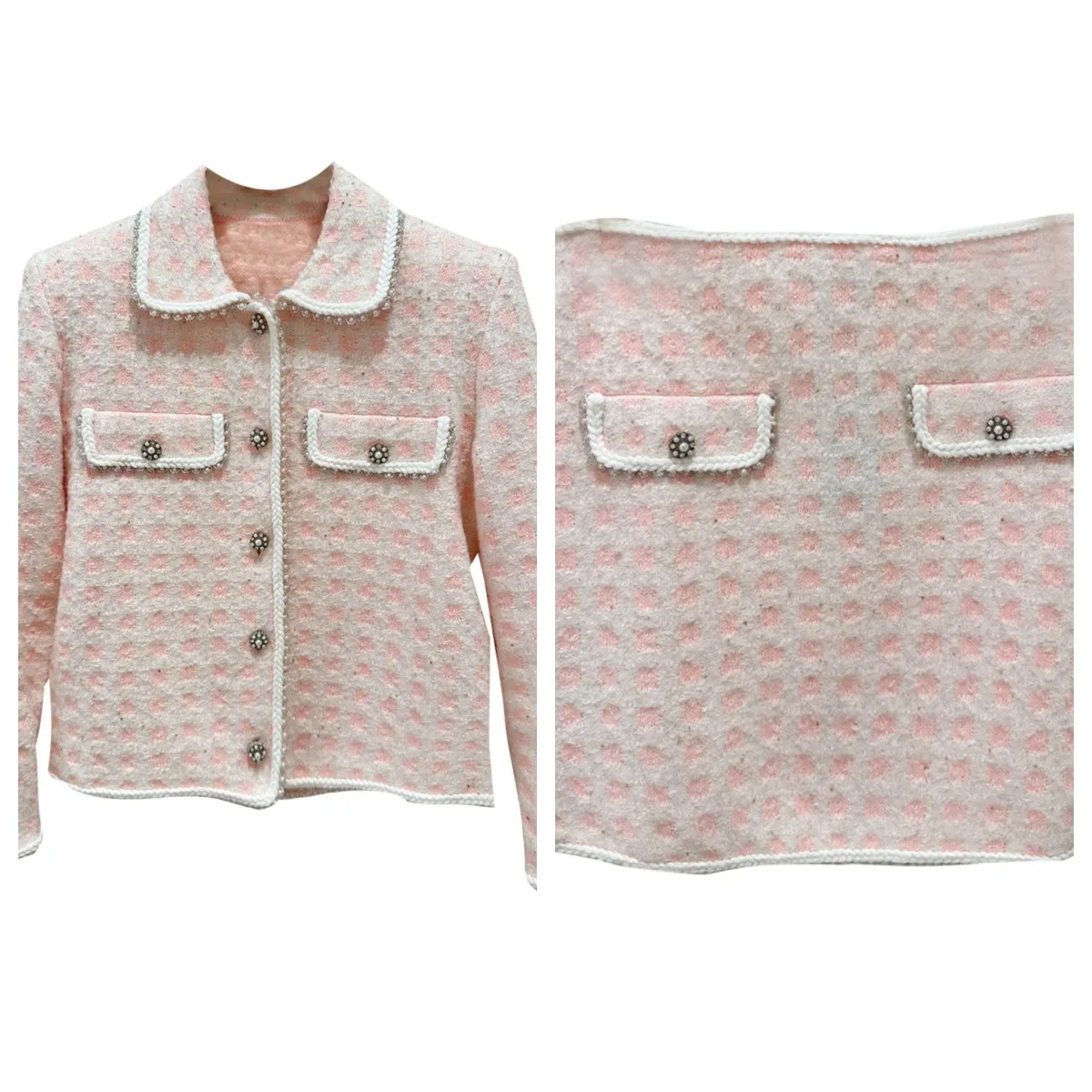 

Женский розовый вязаный комплект с жемчужным декором: кардиган с отложным воротником в клетку или мини-юбка А-силуэта для женщин