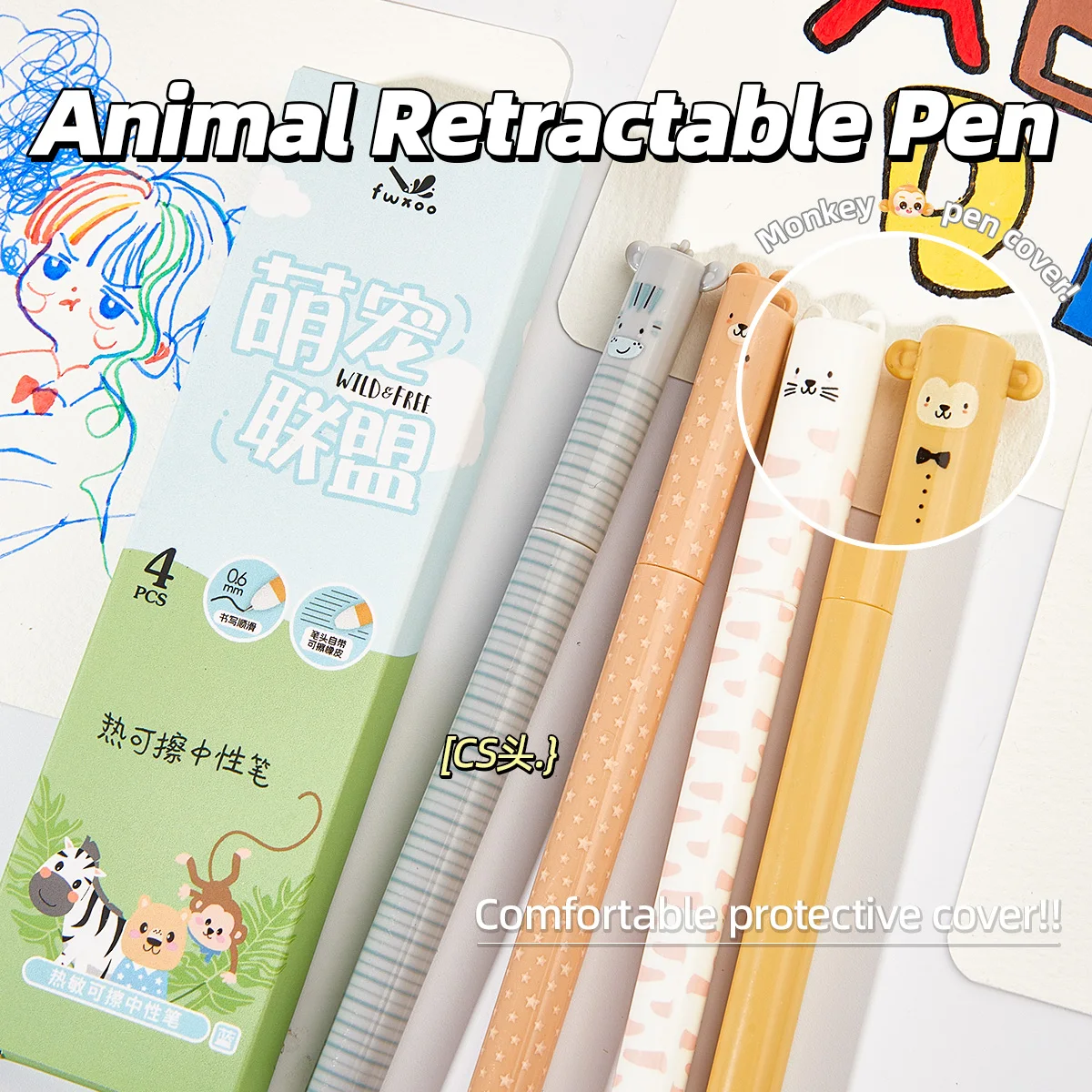 4pcs Zoo Animal Theme Erasable Gel Pens, Blue Ink with Eraser, Rotating Design, Smooth Writing for School, Office, Journals