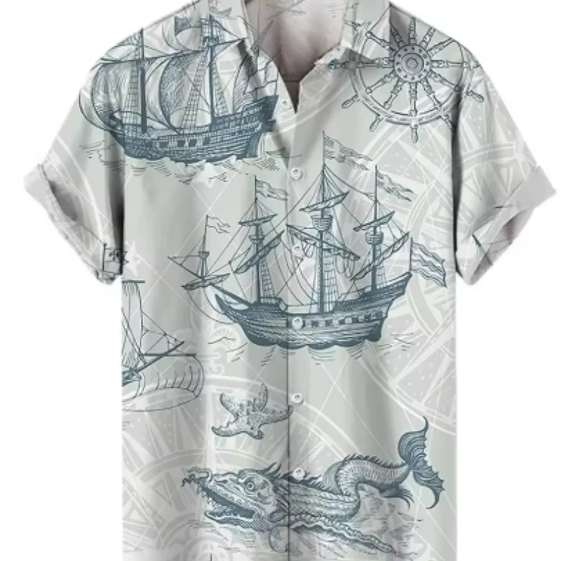 Kemeja Olahraga Pantai Hawaii Pria Atasan Pria Musim Panas Lengan Pendek Kasual Motif Perahu Layar 3D