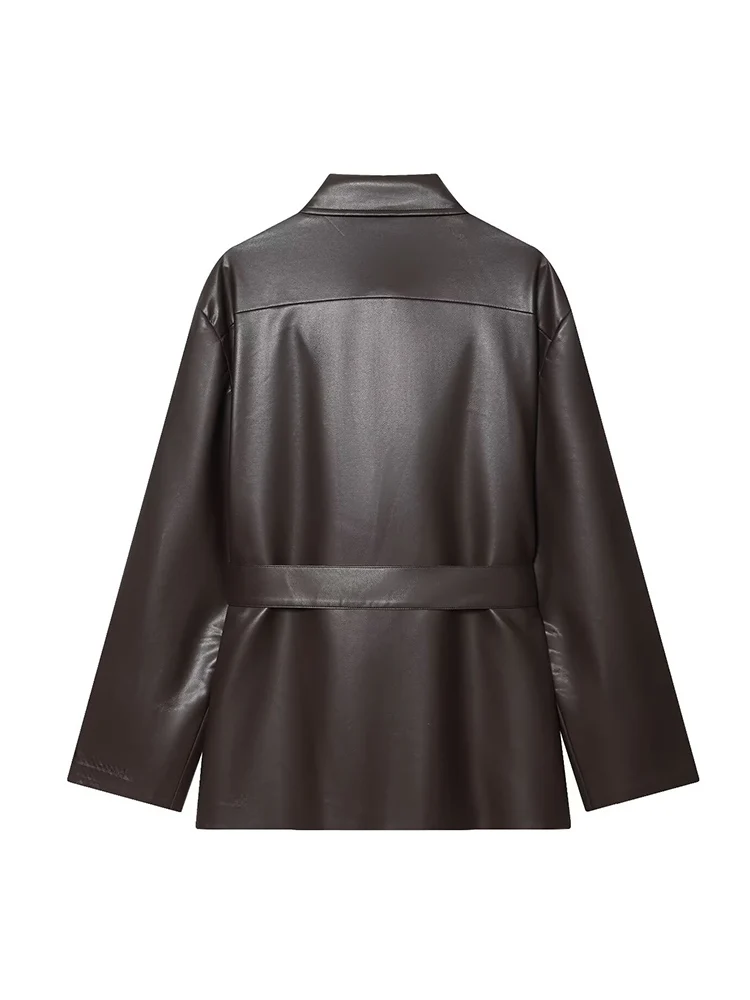 TFMLN المرأة حزام فو سترات من الجلد كم طويل التلبيب بولي Leather سترة جلدية الخريف موضة الصلبة معاطف الموضة الإناث الشارع الشهير #4