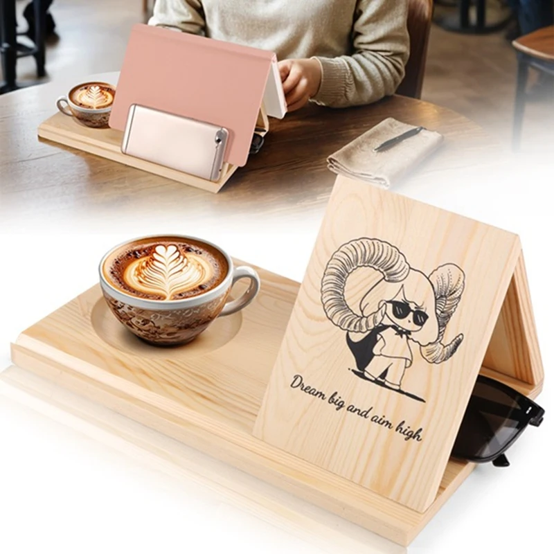 A56G-Wooden Reading Stand Removable Triangle Book Stand With Cup Holder Multifunctional Recipe Shelf For Desktop Cartoon Girl