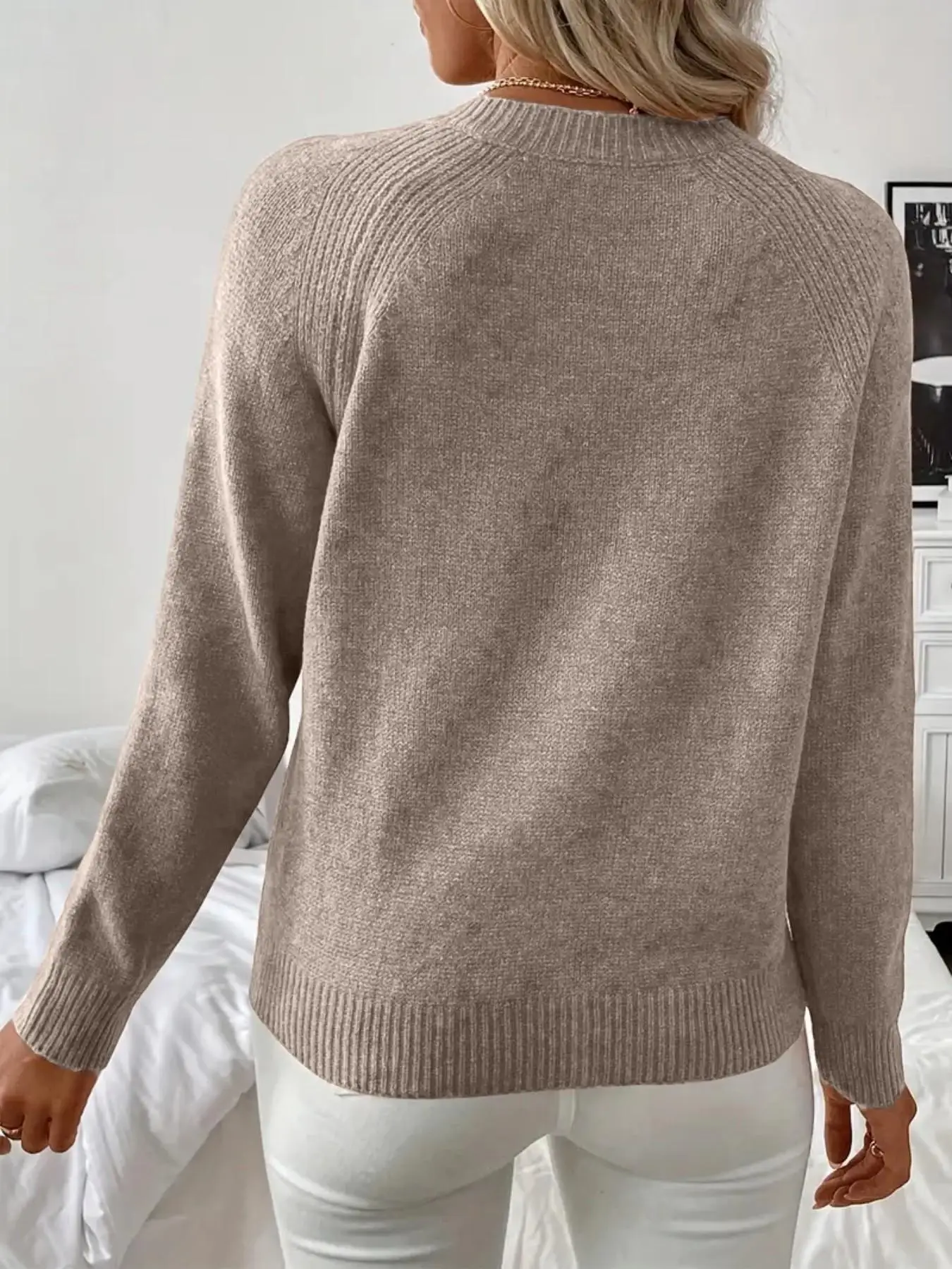 Women Solid Knit Pullover Round Neck Decorative Pearl Buttons On Shoulder Long‑Sleeve Relaxed Silhouette Fall Daily Soft Knit To