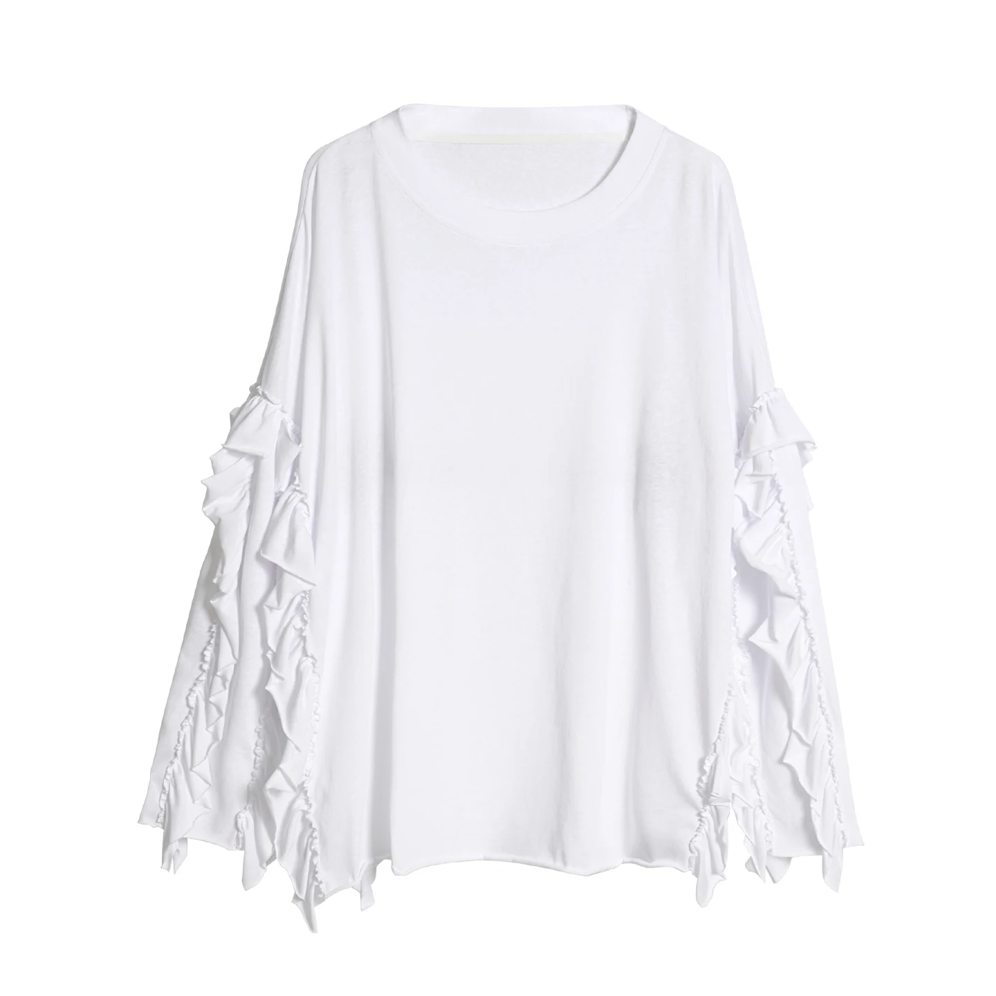 

IMAKOKONI Women's White Ruffle Sleeve Oversized T-Shirt Crew Neck Loose Fit Casual Tops Y2K Aesthetic 255348
