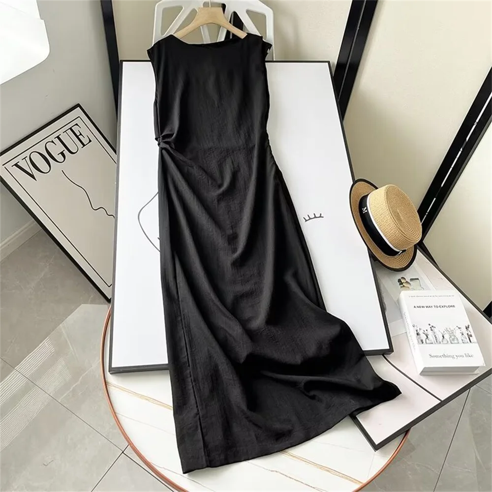 Cos Lris 2024 Summer Women\'s Vacation Style Pleated Design Sleeveless Long Slimming Dress Small Black Dress