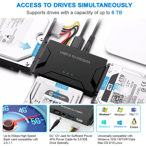 Imagen 2 del producto Adaptador SATA/IDE a USB 3,0, convertidor adaptador de disco duro para IDE SATA HDD SSD Universal de 2,5/3,5 pulgadas con adaptador de corriente de 12V 2A