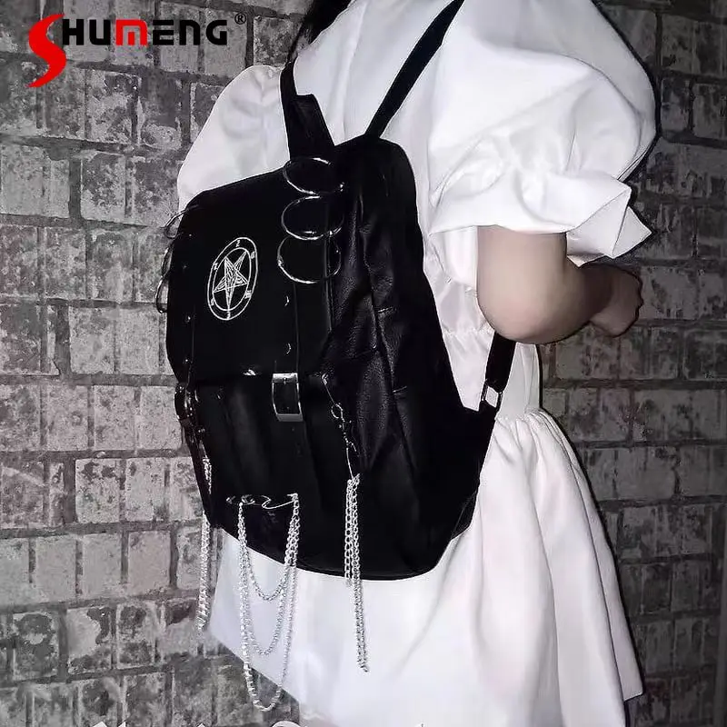 

Japanese Mine Style Retro Chain Pentagram Metal Ring Leather Buckle Black All-matched Casual Unisex Backpacks School Bag Women