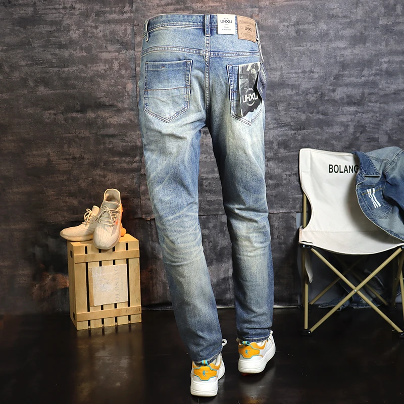 Designer de moda masculina jeans retro azul alta qualidade estiramento fino ajuste rasgado jeans masculino estilo italiano designer calças jeans hombre