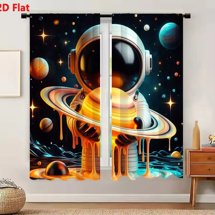 2Pcs Curtains 2D Flat Whimsical Surreal Space Scene With Cartoon Astronaut Holding Melting Saturn-Like Planet In Starry Cosmic S