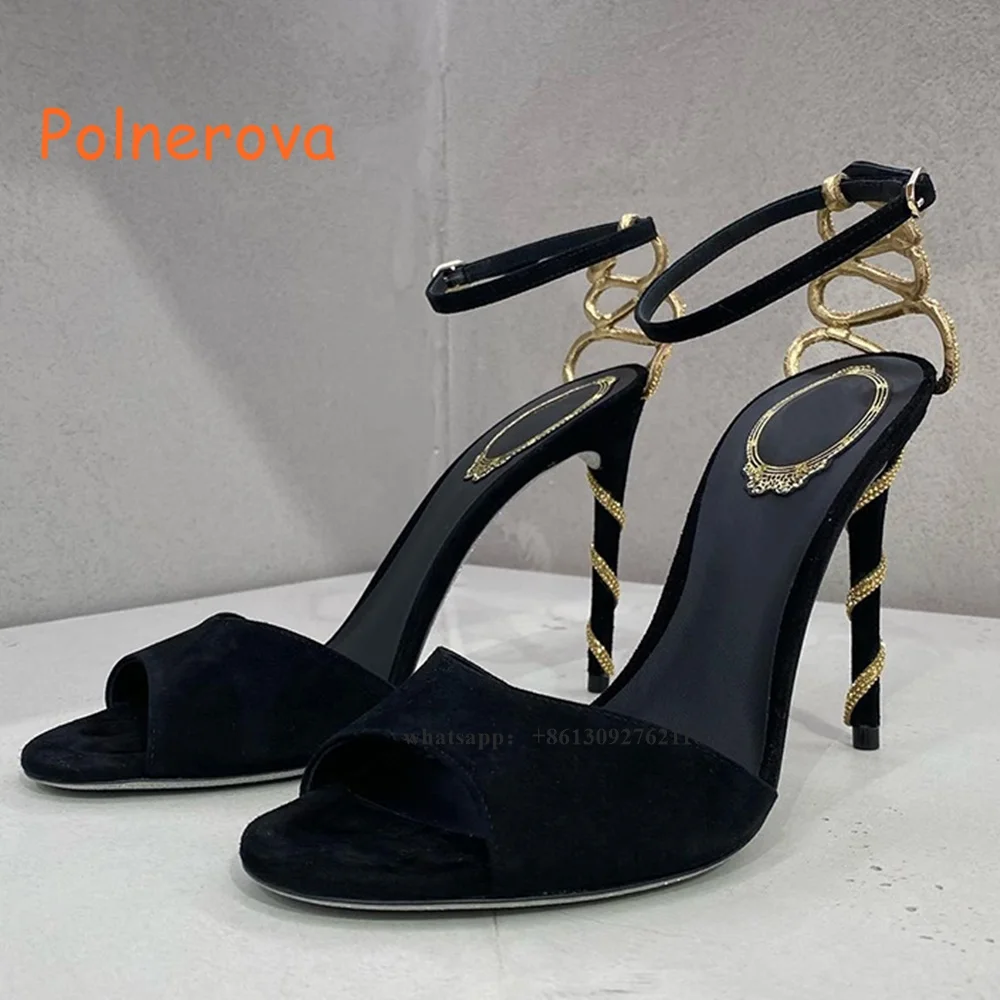 Black Snakelike Thin Heels Sandals Rhinestone  Pointed Toe  Slip On Back Strap Sexy Party Summer Women’s Sandals  Solid Shallow