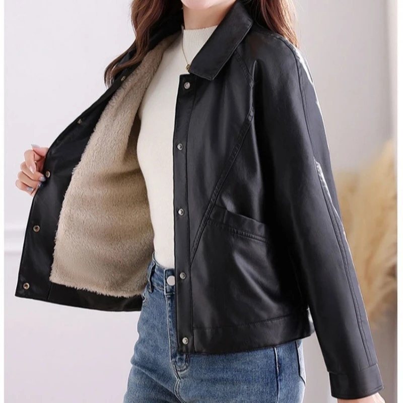 

Черная короткая куртка из искусственной кожи, женское осенне-зимнее пальто, новая модная куртка из искусственной кожи, флисовые толстые топы, женская верхняя одежда