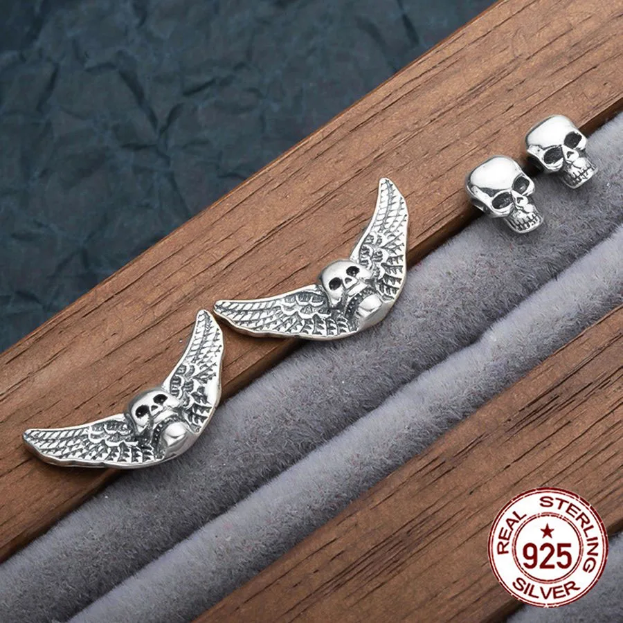 S925 pure silver ear nail Skull Angel Wings Earrings, Personalized Punk Gothic Style Skull Earrings, Retro Hip Hop Earrings