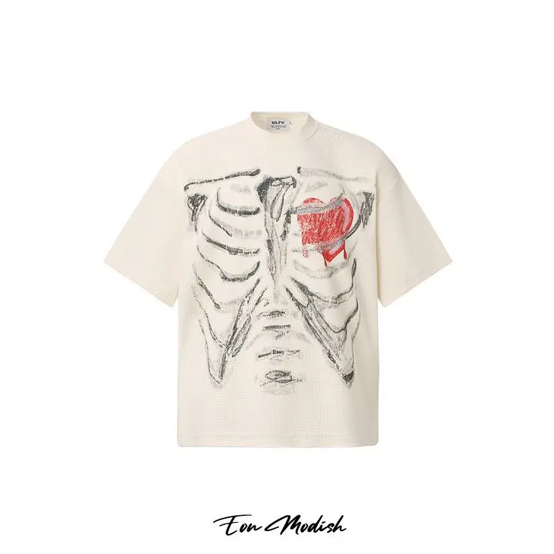 Men's Fashion Skeleton Hip Hop T Shirt High Streetwear Printed Tees Skull Painted Summer Short Sleeve Tops Heart Painted