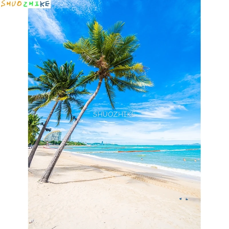 Tropical Sea Summer Vacations Island Landscape Photography Backdrops Coconut Palm Tree Sky Cloud Sandy Beach Background SD-09