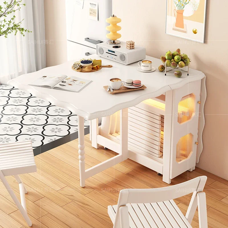 Folding dining table and chairs white solid wood cream wind small apartment household dining table removable