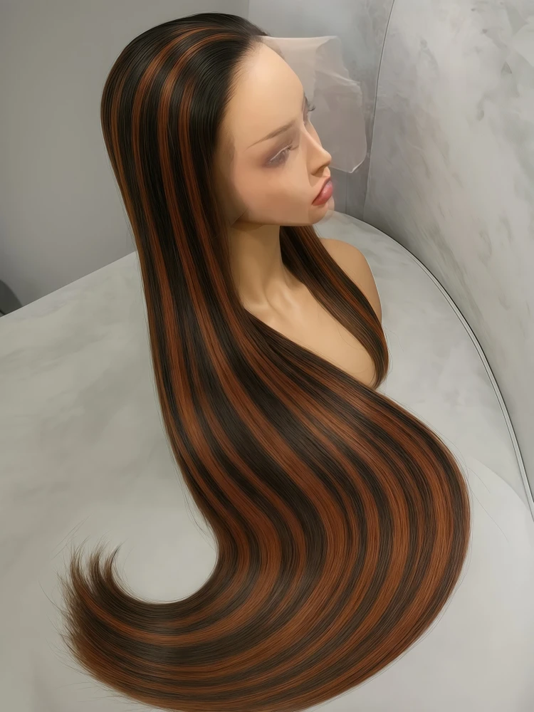 

1B/30 Highlight Bone Straight 13x4 Lace Frontal Wigs Human Hair 30 Inch Ombre Brown With Black Colored Human Hair Wig For Women