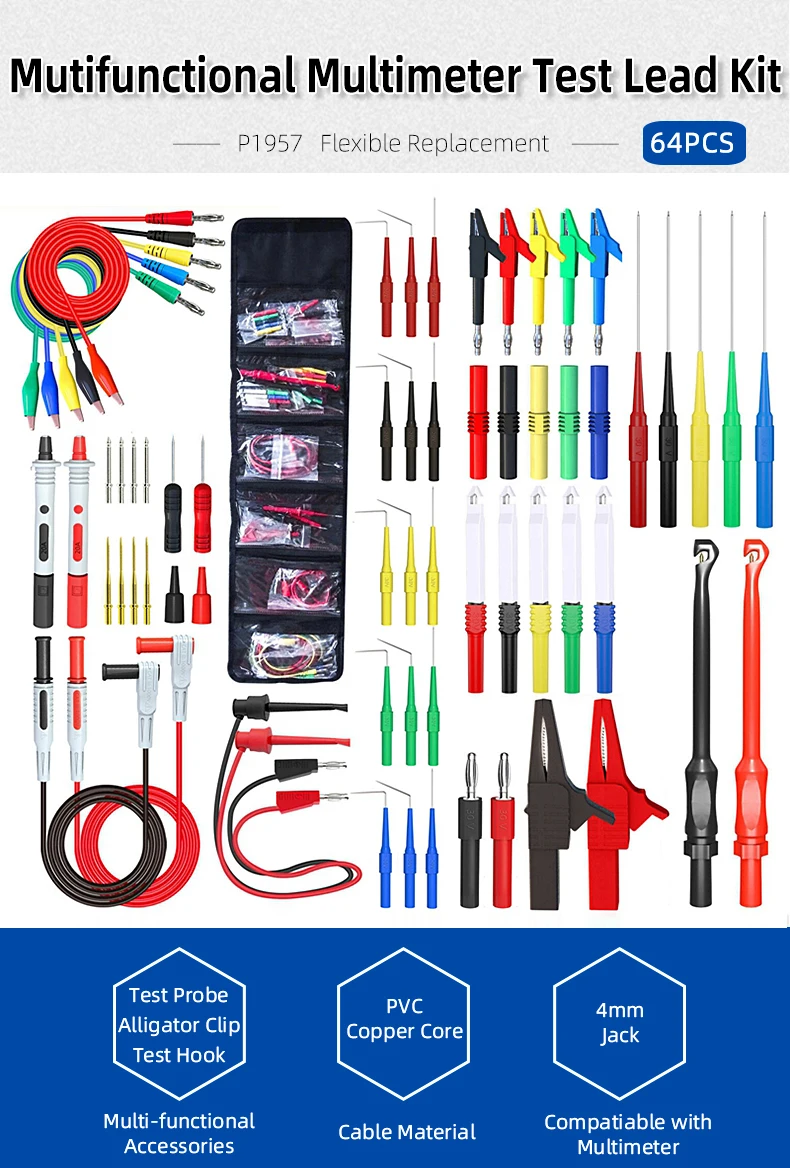 thumbnail image 2 of Cleqee Back Probe Multimeter Test Leads Kit – Replaceable Probes, 3ft, Banana Plug, 10A/30V 2 of 6
