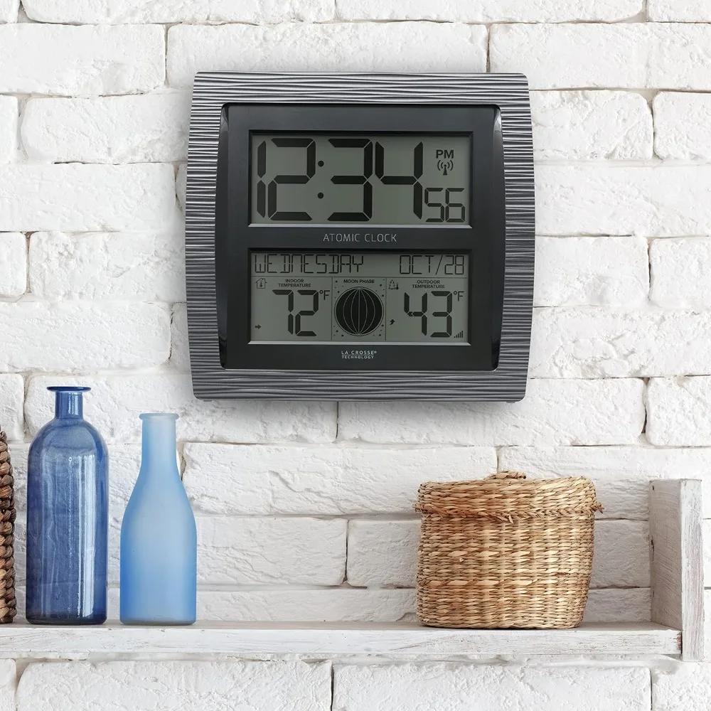 ساعة رقمية ذرية منحنية مع مرحلة القمر ودرجة الحرارة - حفظ الوقت الدقيق للمكتب المنزلي