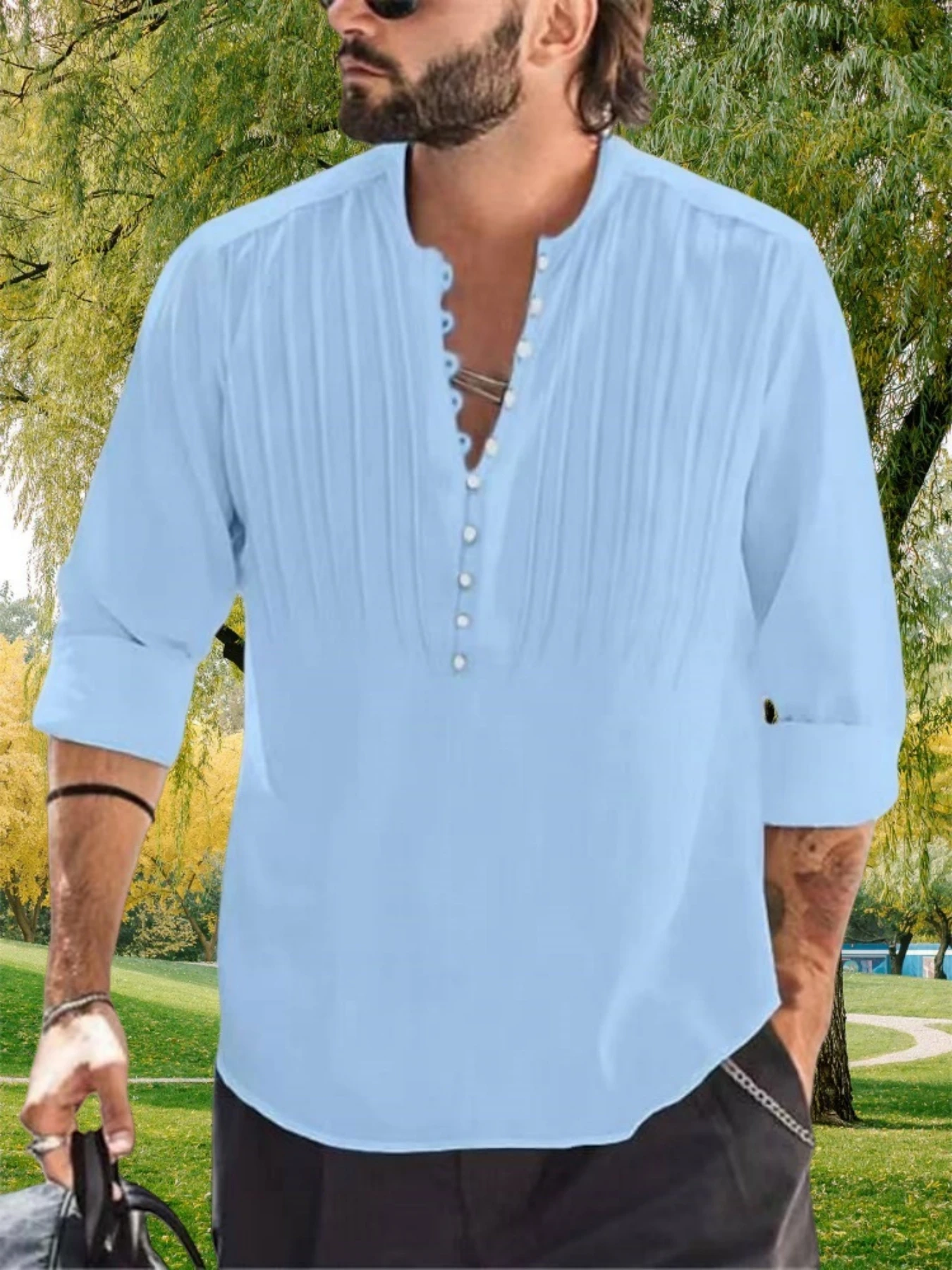 Spring and autumn new style men's casual fashionable long-sleeved shirt, plain color comfortable multi-pleated shirt