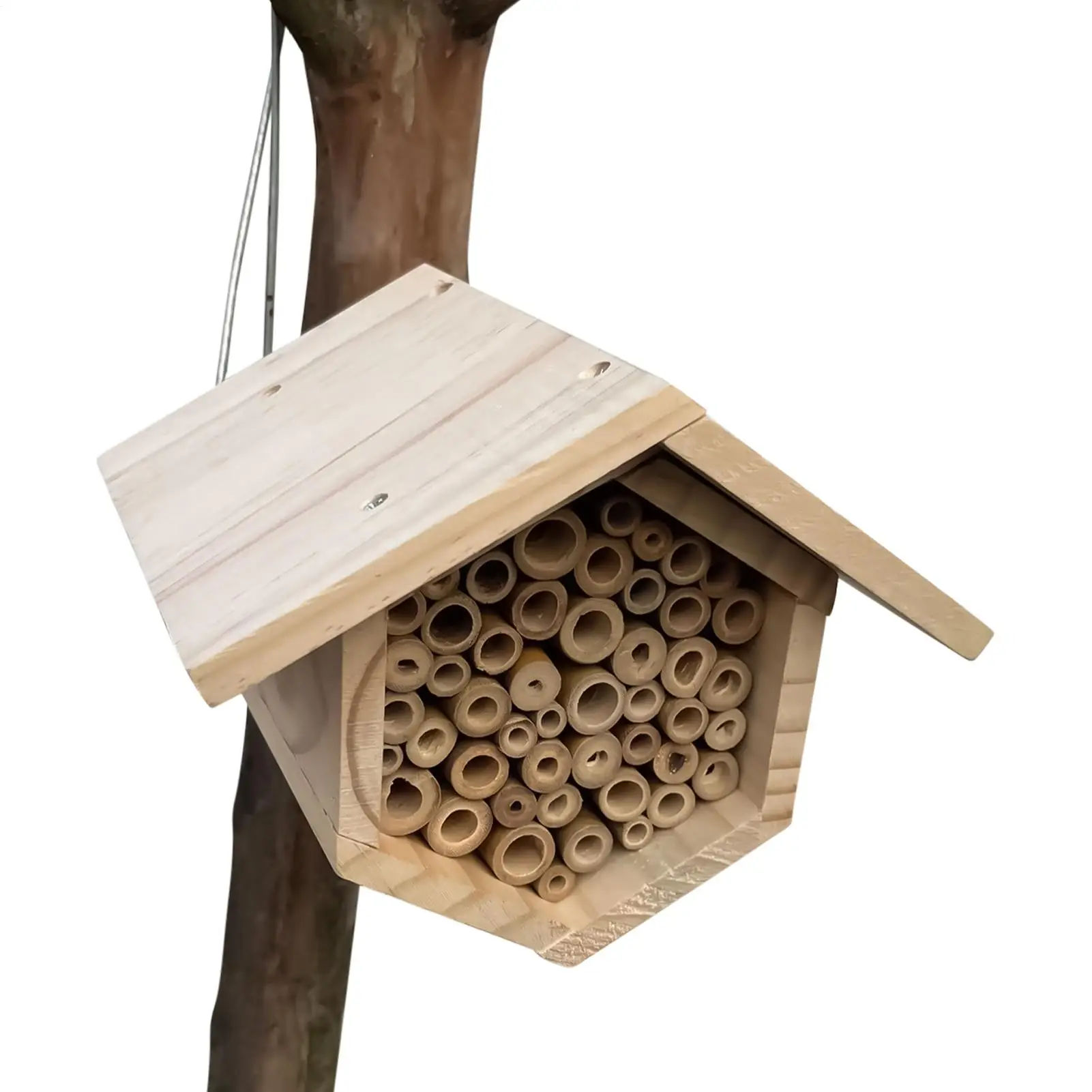 

Handmade Wooden Hexagonal Ma-son Bee House With Tubes Natural Wooden Bee Hive Attracting Pollinating Bees For Yards Porches Lawn