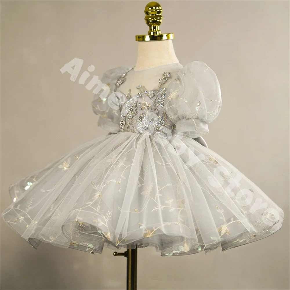 Girls Princess Dress Summer Puff Sleeve Children Mesh Tutu Dresses Baby Kids Shiny Sequin Birthday Party Clothing Wedding Dress