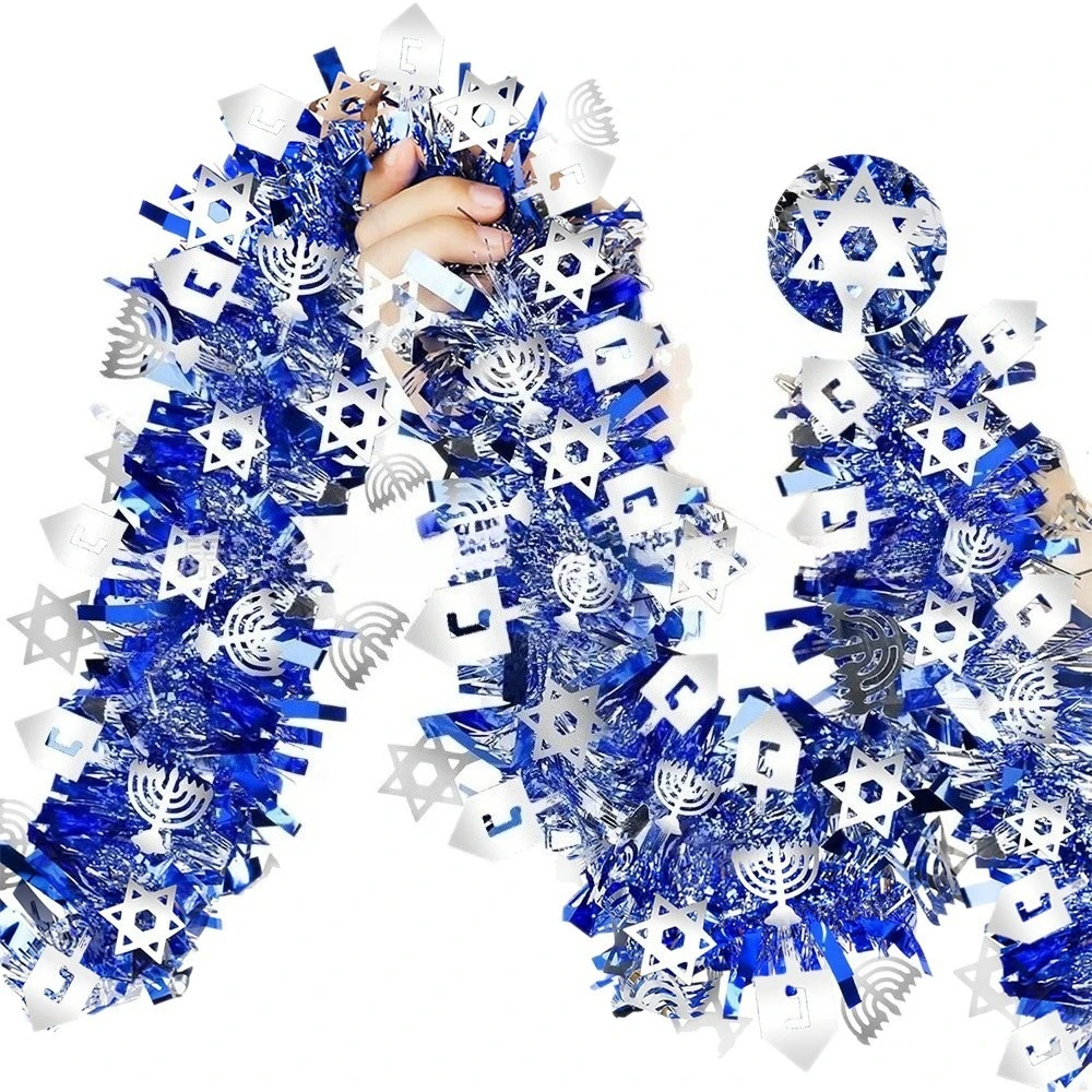 هانوكا بهرج جارلاند أزرق معدني تويست فويل بهرج جارلاند مع الشمعدان الفضي ونجمة داود الحلي إكليل معلق #1
