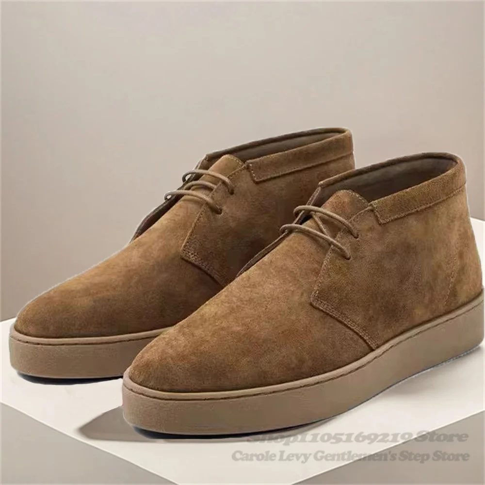 2026 Winter New Retro Brown Lace Up Soft Suede Leather Short Boots Men Round Toe Platform Solid Coloe Business High Top Boot