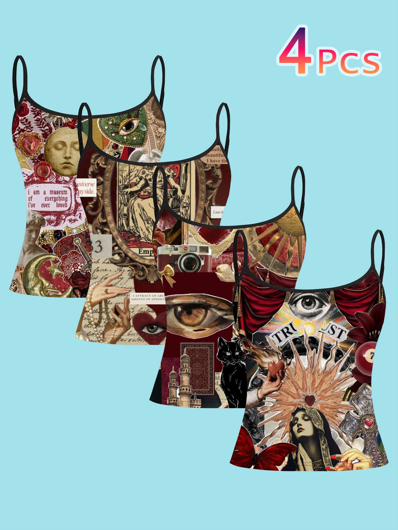 4-Piece Set of Vintage Art Collage Print Camisoles for Women, Featuring Classical Sculptures, the All-Seeing Eye, Black Cats, and Oil Paintings of Roses, Slim-Fit Spaghetti Strap Tops