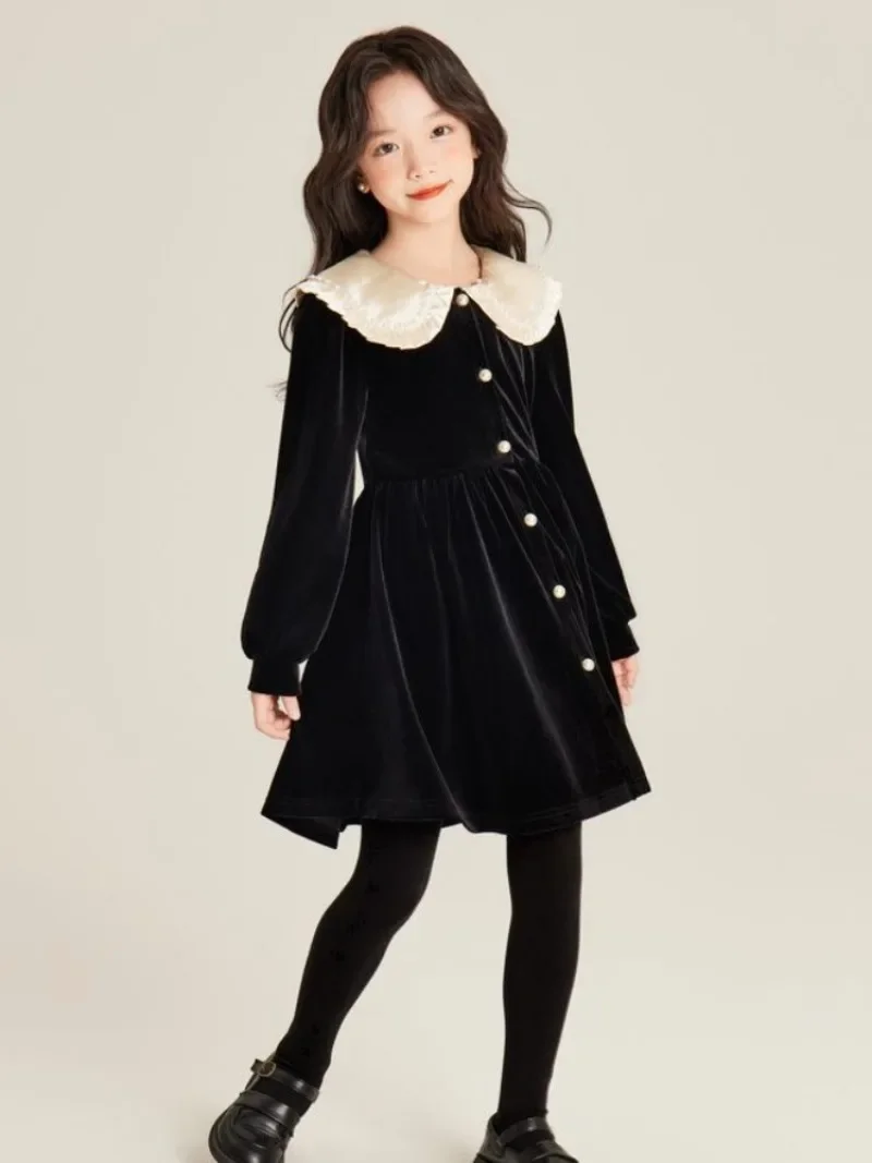 Girls' Autumn/Winter High-end Fleece-lined Velvet Elegant Black Princess Gown Dress - 4-12 Years Old