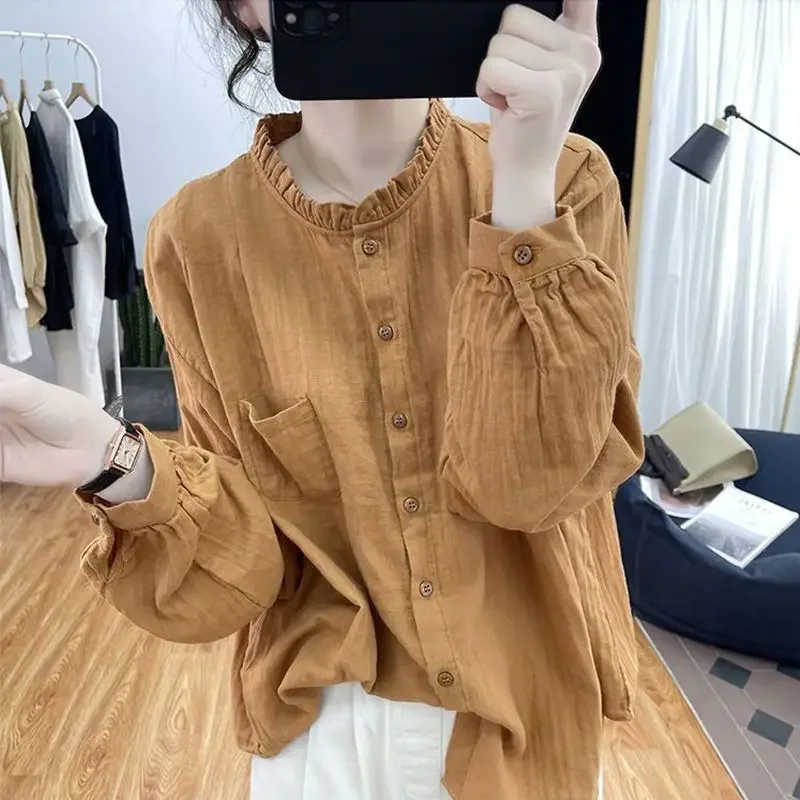 Womens Clothing New Ruffle Solid Vintage Cotton Linen Button Up Shirt Casual Streetwear Y2K Blouse Loose Long Sleeve Tops LJ580