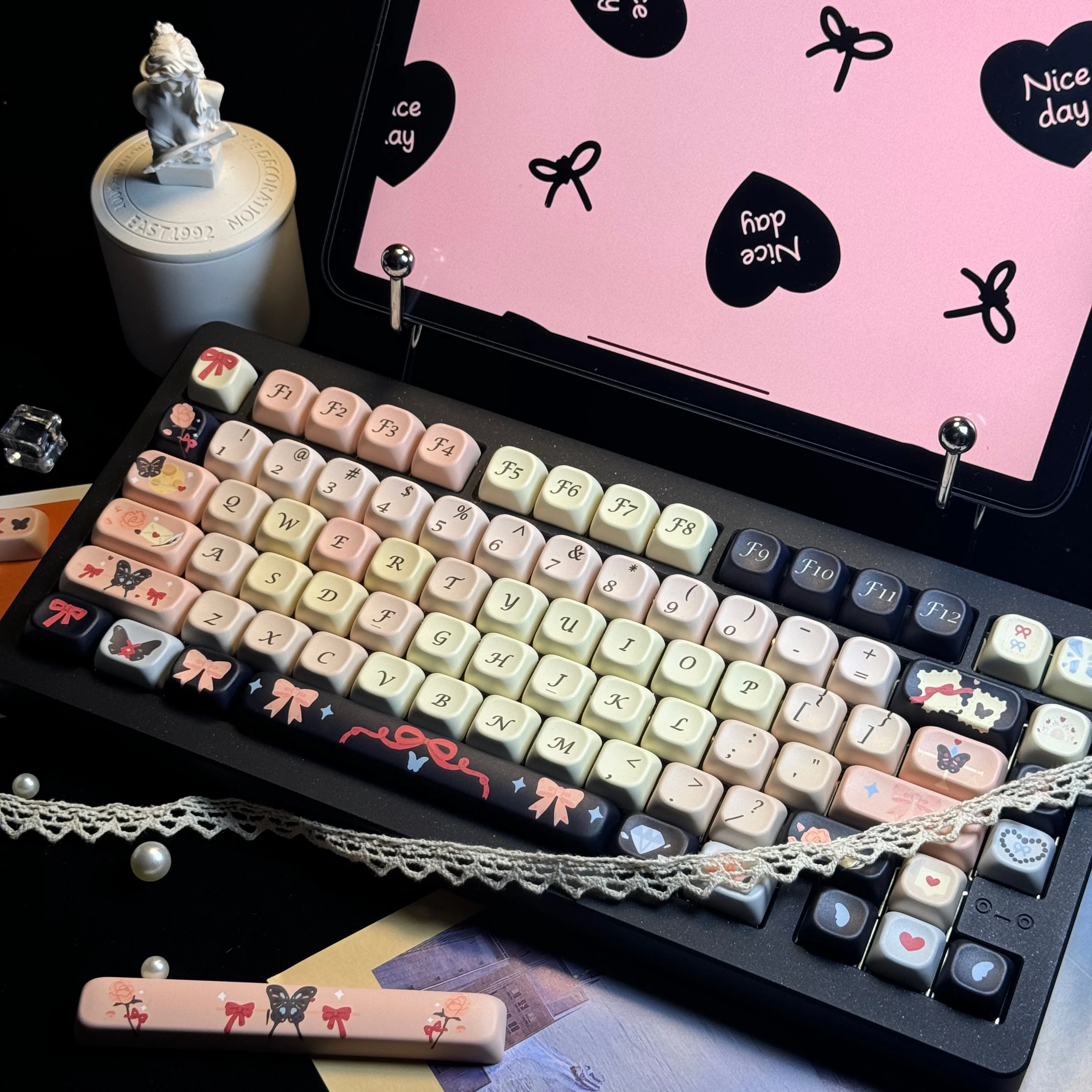 Butterfly Psalm Keycaps EOA Profile 141 Keys PBT Five-sided Sublimation Personalized Mechanical Keyboard Caps Black Pink Keycap