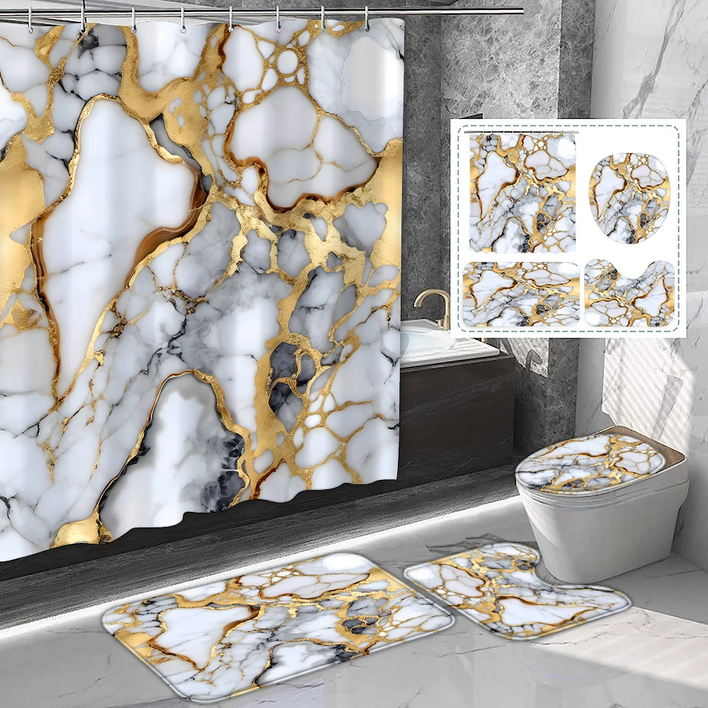 

1 set of grey gold marble printed shower curtains with hooks, bathroom mats, and bathroom supplies